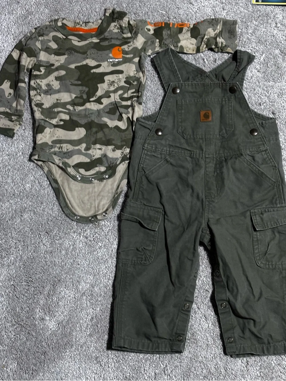 Carhartt Green Camo Bodysuit with Olive Green Overalls excellent condition